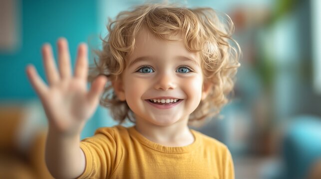 A joyful child greets with a cheerful wave in a colorful indoor setting