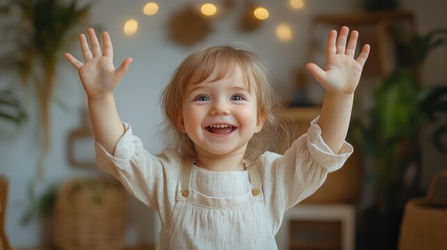 A joyful child waves happily while standing in a warm, inviting room
