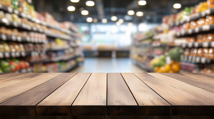 Wooden table with a blurred grocery store backdrop filled with fresh produce and products during daylight