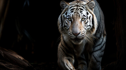 Majestic white tiger emerging from darkness, intense gaze fixed on camera, powerful predator showcasing beauty and strength of endangered species