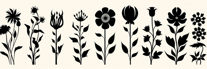Vector black silhouette flowers icons