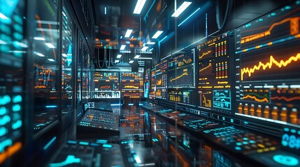 A crisp photograph of a virtual stock market trading floor with holographic displays, featuring vibrant stock charts and live data.
