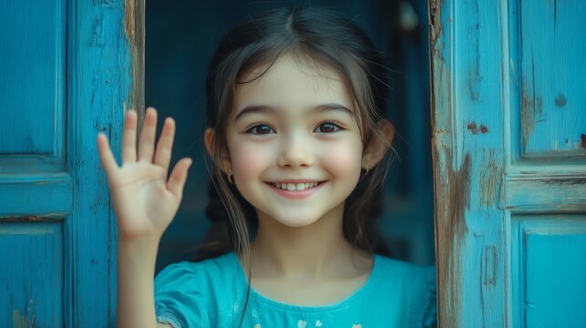 A young girl beams as she waves from behind a blue door