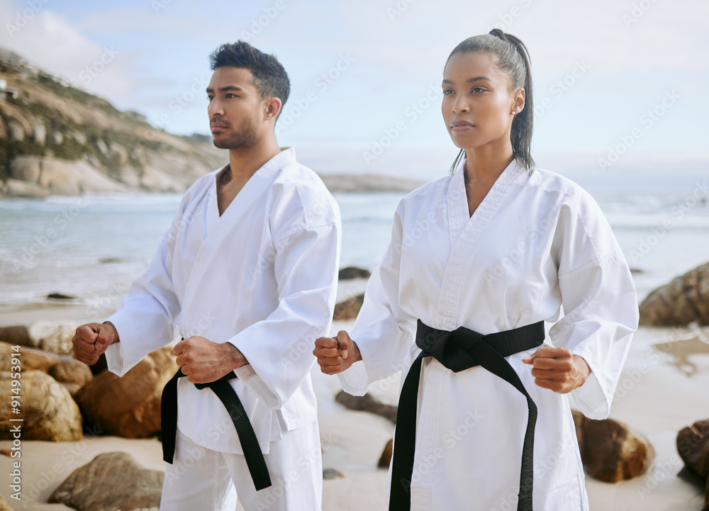 Canvas Prints Karate, martial arts and people on beach for sports, practice and learning aikido, taekwondo and jiujitsu. Training, nature and man and woman by ocean for fitness, exercise and workout for tai chi