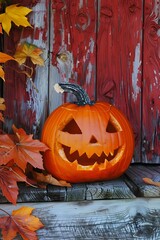Obraz premium A Festive Halloween Pumpkin beautifully decorated with Autumn Leaves and vibrant colors