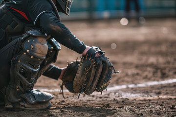 Professional baseball catcher with mask and mitt, ready to receive a pitch. Generative AI