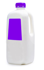 Side of milk bottle with purple color label on white background, Plastic Milk Bottle with blank label isolate on white background with clipping path