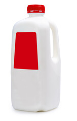 Side of milk bottle with red color label on white background, Plastic Milk Bottle with blank label isolate on white background with clipping path