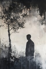 Fototapeta premium Watercolor eerie fog with shadowy figures on one side, with copy space on the other side, vintage silver watercolor splash background 