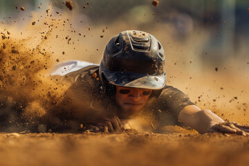 Professional baseball player sliding to base. Generative AI