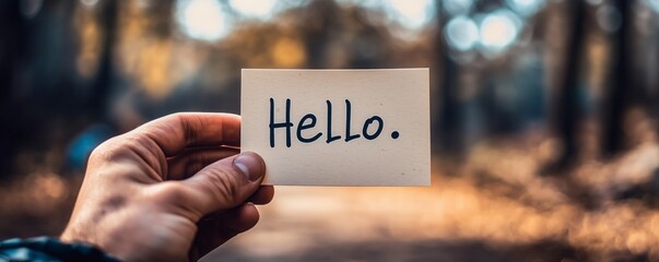 A hand presents a card with the word Hello against a blurred forest backdrop