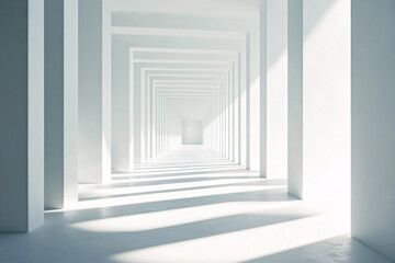 Obraz premium minimalist, geometric white hallway with a series of square openings extending infinitely, illuminated by soft natural light