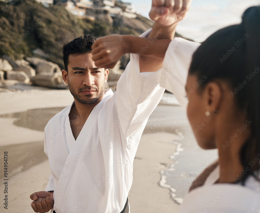 Poster People, karate and beach for self defense training, fitness and teach to master fight in outdoor. Friends, exercise and warrior for martial arts in nature, ocean and workout action to learn by waves