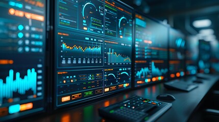 Obraz premium A detailed image of a stock market dashboard with intricate graphs and indicators, displayed on multiple screens. The office background is slightly blurred to emphasize the screens,
