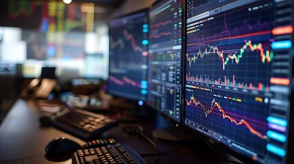 A detailed image of a stock market dashboard with intricate graphs and indicators, displayed on multiple screens. The office background is slightly blurred to emphasize the screens,