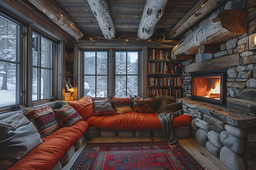 Cozy log cabin interior with a warm fireplace and a scenic snowy view through the window.