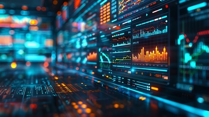 Obraz premium A detailed image of a virtual stock market trading floor with holographic displays, featuring vibrant stock charts and graphs. The scene is set in a darkened office with neon lights,