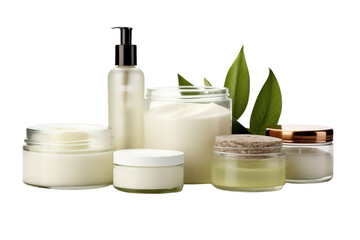 A Beautiful Array of Natural Skincare Products Amidst Fresh Green Leaves on Transparent PNG Background.