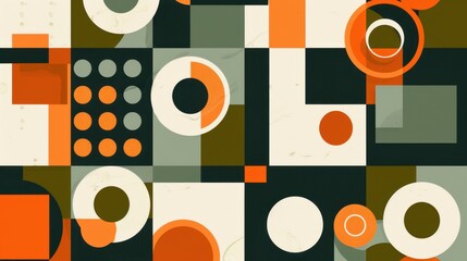 Abstract design features overlapping circles and squares in vivid colors creating a harmonious geometric composition