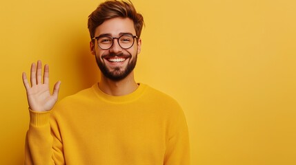 A man smiles and waves cheerfully while wearing a yellow sweater
