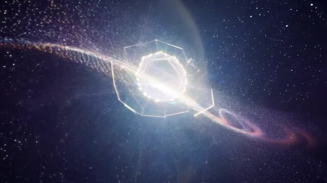 Dynamic particles of light scatter and regroup, creating mesmerizing cosmic patterns.