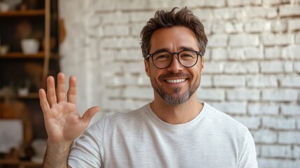 A smiling man waves hello happily in a cozy indoor setting