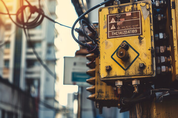 Electrical transformer with warning signs in an urban area. Generative AI