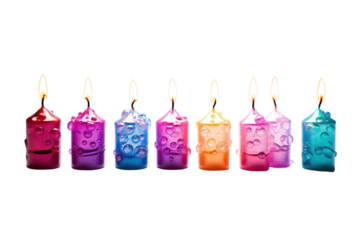 Colorful Candles With Bubbles Illuminating a Cozy Room During a Peaceful Evening Gathering on Transparent PNG Background.