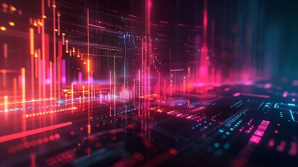 Obraz premium A futuristic abstract representation of stock market fluctuations, featuring neon lines and geometric shapes in constant motion. The background is a dark gradient with hints of neon colors,