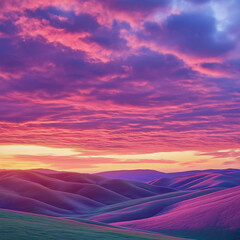 Fototapeta premium Rolling hills bathed in the crimson hues of a dramatic sunset, with vibrant skies and peaceful vistas