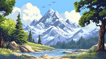 A serene landscape painting depicting a majestic mountain range with a serene river flowing through a lush forest under a blue sky.