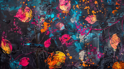 Artistic flowers painting abstract art on dark background