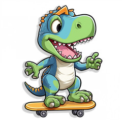 Funny happy dinosaur on skateboard cartoon character