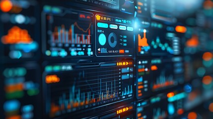 A high-definition close-up of a stock market dashboard with detailed graphs and indicators, displayed on a large screen. The office environment is sleek and well-organized,