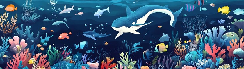 Obraz premium Colorful underwater scene featuring diverse marine life and a shark swimming among coral reefs and various fish.