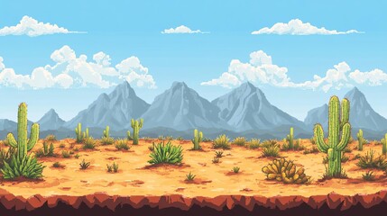 Illustration of a desert landscape with cactus plants and mountains in the background under a clear blue sky with clouds.
