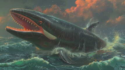 Fototapeta premium A Black Whale Leaps From the Ocean