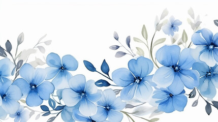 Watercolor blue flowers border banner for stationary