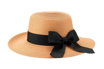 Elegant Straw Sun Hat With Black Ribbon Perfect for Summer Outings at a Breezy Beachside on Transparent PNG Background.