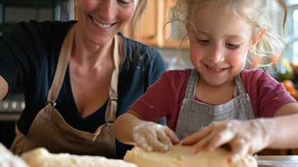 Together in the kitchen, mother and daughter prepare the dough for their favourite family meals.