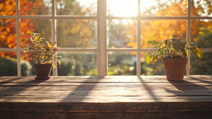 Fototapeta premium An empty wooden table sits near a window on a sunny autumn day, creating a cozy and peaceful atmosphere. It can be used for relaxation, studying, reading, working, or enjoying meals.