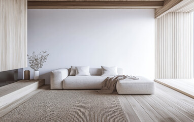 Minimalist living room interiors in neutral tones with elegant furniture and a large window. Residential Real Estate mockup background image.