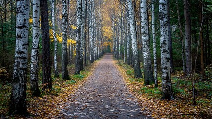 Obraz premium Sunlit path winds through emerald green forest, golden leaves carpet tranquil wood