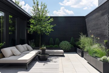 Modern Rooftop Patio with Stylish Furniture and Lush Greenery