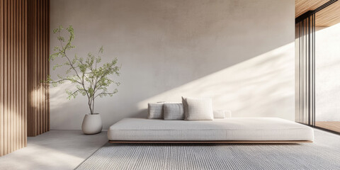 Minimalist living room interiors in neutral tones with elegant furniture and a large window. Residential Real Estate mockup background image.