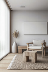 Fototapeta premium Minimalist living room interiors in neutral tones with elegant furniture and a large window. Residential Real Estate mockup background image.