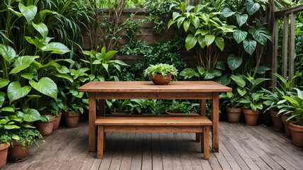 Obraz premium Wooden Table Surrounded by Green Plants