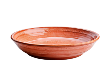 Handcrafted Earthenware Bowl Displayed on Rustic Wooden Table in a Warmly Lit Kitchen on Transparent PNG Background.