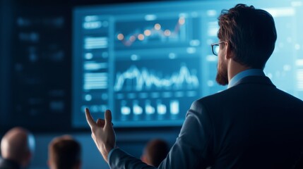 Professional Analyst Presenting Geographic Information Systems and Statistical Data in Modern Office Environment