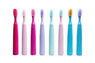 A Colorful Array of Toothbrushes Organized by Shade Against a White Background in Soft Natural Light on Transparent PNG Background.